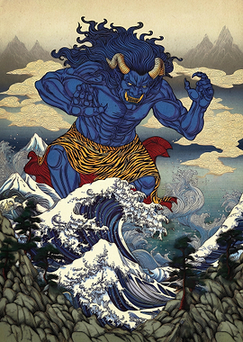 Blue Oni Demon Japanese Art Poster