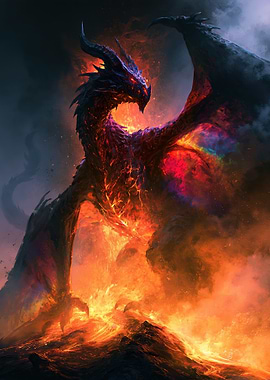 Fiery Dragon Emerging from Volcano
