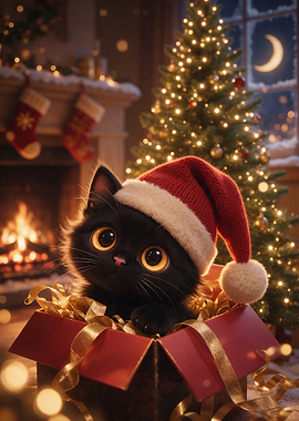 Cute Black Kitten in Christmas Gift