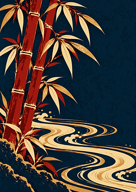 Crimson Bamboo and Golden Waves