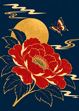 Red Peony and Butterfly Beneath a Golden Moon