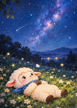 Cute Sheep Starry Night Art