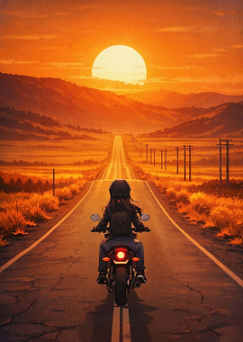 Biker Sunset Road Retro Art