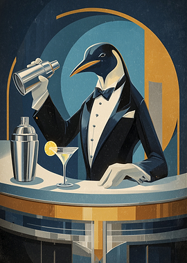 Sophisticated Penguin Bartender Art Deco Poster