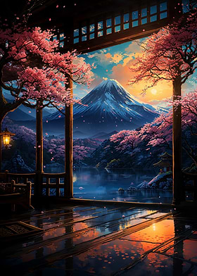 Japanese Sakura Sunset Art
