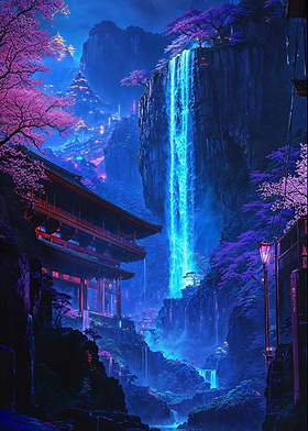 Neon Sakura Waterfall Art