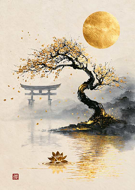 Sumi And Gold — Golden Moon Over the Old Sakura