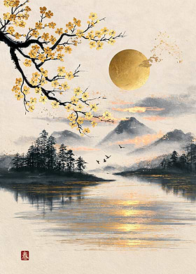 Sumi And Gold — Golden Cherry Blossom Landscape Painting