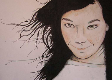 Bjork portrait. ink pencil watercolour
