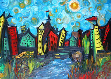 Van Gogh inspired painting of a whimsical fun town with ...