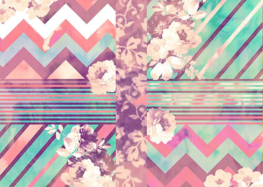 Retro Pink Turquoise Floral Stripe Chevron. elegant, s ...