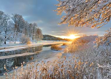 Winter landscape over Storan river, Östergotland, Swede ...