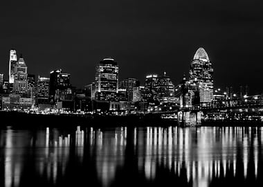 Cincinnati skyline at night from the Ohio River. The sk ...