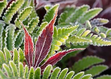 Colored leaf of a Japanese Maple with green ferm