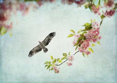 Bird and Pink and Green Flowering Branch on Blue