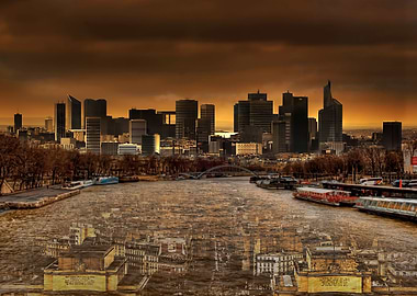 A view of modern Paris and Paris under water.