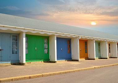 row of beach huts bournemouth dorset Uk