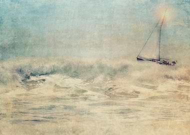 Textured for painterly effect, a lone sailboat sails po ...