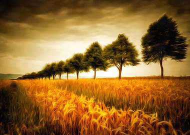 Row of trees and a golden corn field in summer, digital ...