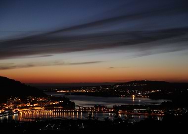 Pontedeume skyline. Lights in the night when sunset com ...