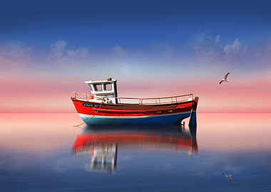Silent morning at the sea, with a boat in romantic sunr ...