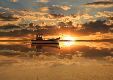 The fishing boat in the sunset