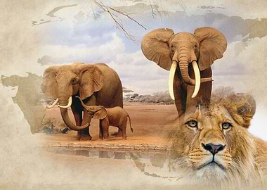 Superimposed wild African wild life Elephant and young ...