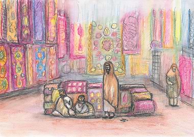 Small carpet market on the way to the Gulf of Oman. Tra ...