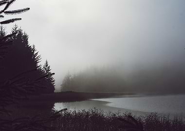 The fog rises early in the morning over a lake in the S ...