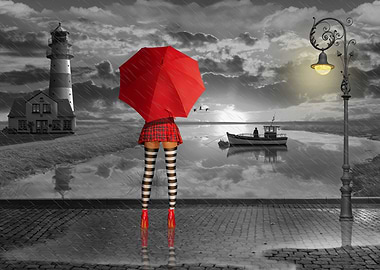 Sexy woman on high heels in miniskirt and red umbrella ...