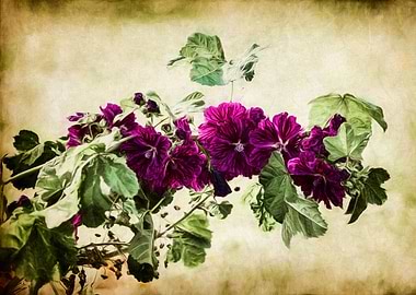 A branch of magenta flowers and leaves against a textur ...