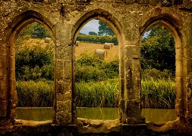 'A View Over The Moat' through the castle window shows ...