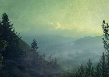 Rising mists over the valley Valmalenco in the Italian ...