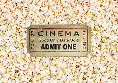 This is an old cinema ticket with a popcorn background. ...