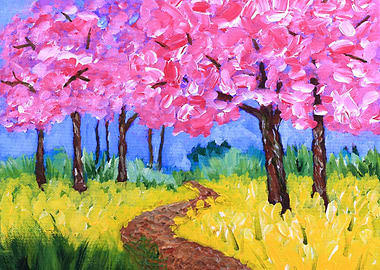 Cherry Trees Field Mustard After the Rain Painting - A ...