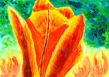 An acrylic painting of a bright yellow orange tulip, on ...