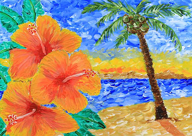 Tropical Beach Hibiscus Coconut Tree Sunrise Painting - ...
