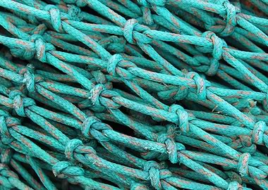 Turquoise fishing nets used for catching crabs in the w ...
