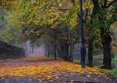 Beautiful scene of golden leaves and trees standing alo ...