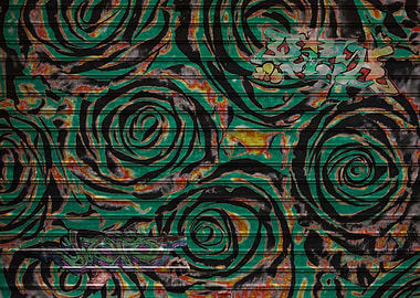 Graffiti rose art on a green metal shutter. Digital art ...