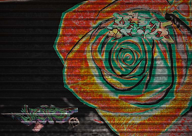 Rose graffiti art on black metal shutter by Clare Bevan ...