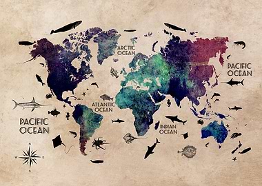 World Map Oceans Life