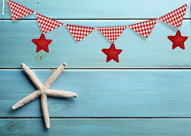 Blue wood with starfish and bunting decor