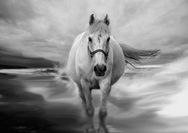 A white horse cantering through the waves on the seasho ...