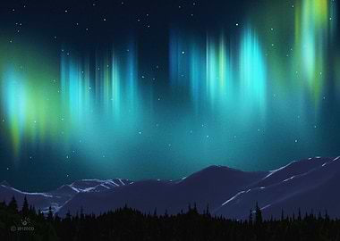 The Aurora borealis shimmers over of snow-covered mount ...