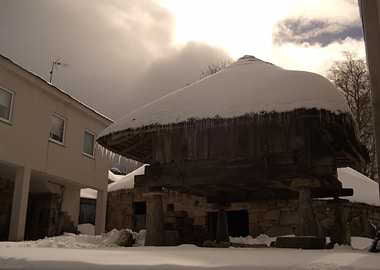 Magic light and snow in a nook of O Cebreiro, Galicia. ...