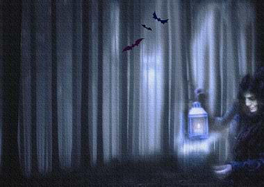 Canvas print of a woman in a forrest with a lamp. Myste ...