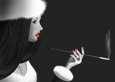 Beautiful woman in fur with cigarette. Black and White ...