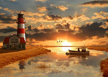 A red and white lighthouse with house on the coast at s ...