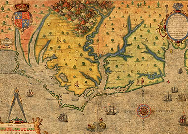 Vintage Map of Roanoke Colony Virginia Circa 1585